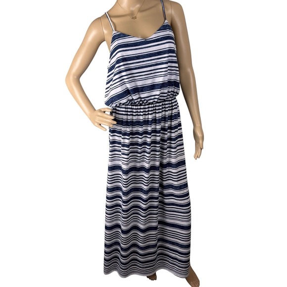 SOMA Dress Blue / White V-Neck Pullover Sleeveless Long Maxi sz Large Coastal - Picture 1 of 16